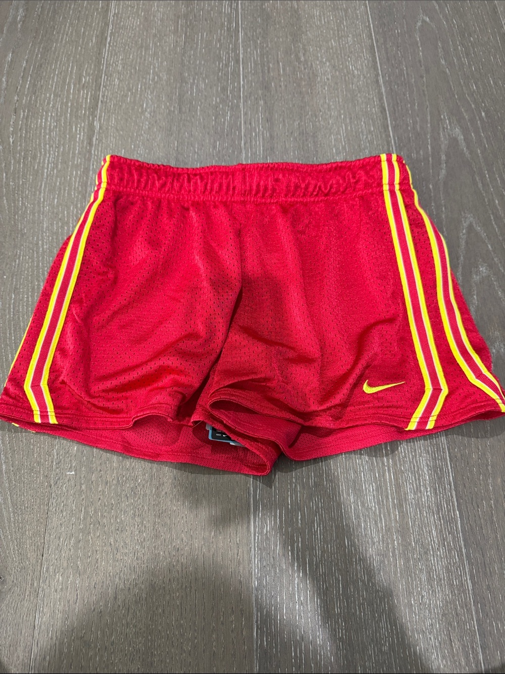 Nike girls Red Mesh Athletic Shorts with Yellow Stripes